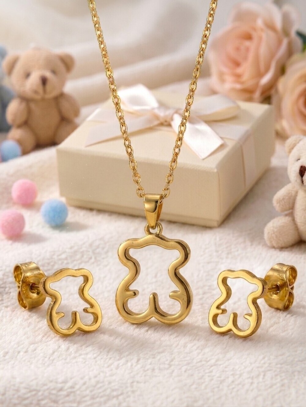 18K Gold Plated SS Bear Pendant Necklace and Stud Earrings Set Coquette Y2K